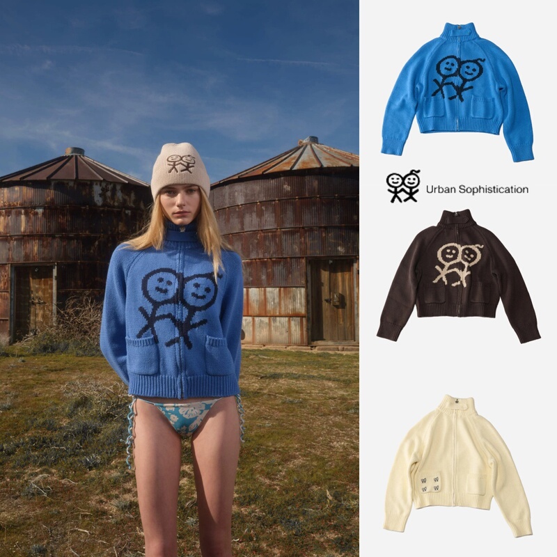 Authentic Urban Sophistication Stickman Logo Embroidered High Collar Convertible Loose Cardigan Sweater