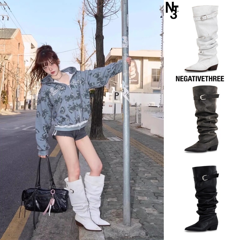 Korean Genuine Negativethree Distressed Pointed Pleated Fashion Boots Over-The-Knee Long Boots 26 New Style