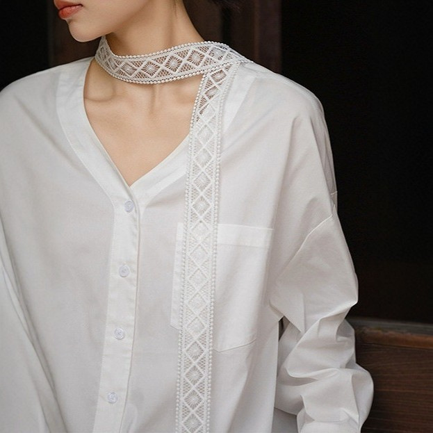 2026 Spring New Style: Elegant and Intellectual Outfit Shirt, Loose Lace Trim Ribbon Shirt