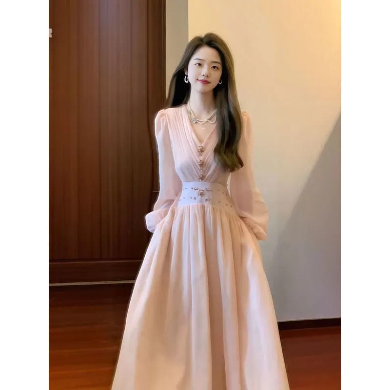 Early Spring Light Luxury Heavy-Duty Long V-Neck Rhinestone Long-Sleeve Chiffon Dress 2026 New Style Waist-Cinching Slimming Long Dress