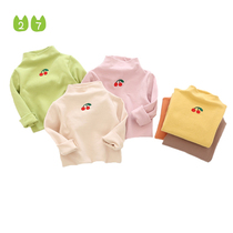 kidsbaby long sleeve t-shirt spring autumn mill fur small cherry pure color long sleeve half high collar girl powder white undershirt