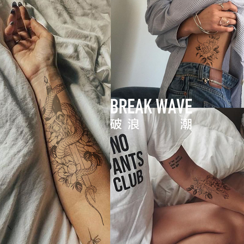 Break the wave original tattoo decal arm plain foil Moon flower cross European and American wind ins wind Three in one group