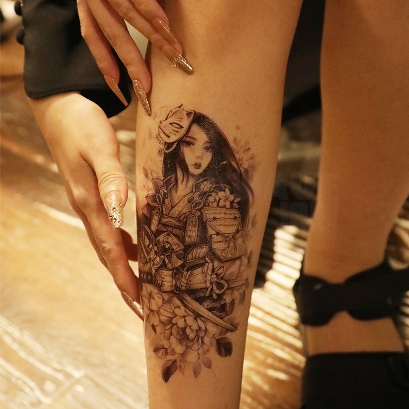 Breaking tide ordinary tattoo stickers Mulan handsome sword ins wind girl hot girl sexy beautiful calf cool