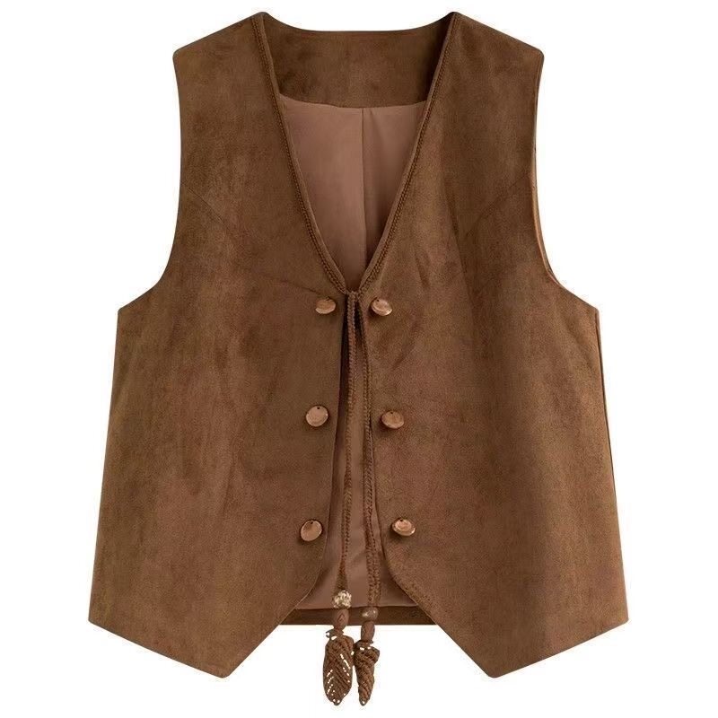 Melard-Style Faux Suede Vest for Women, Brushed, Stylish, Short, V-Neck, Sleeveless, Outerwear Vest