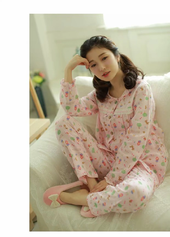 Mùa hè và mùa thu bông tinh khiết hai lớp gạc quần áo giam phần mỏng phụ nữ mang thai đồ ngủ bà bầu đi chơi quần áo cho con bú quần áo cho con bú quần áo ở nhà - Giải trí mặc / Mum mặc