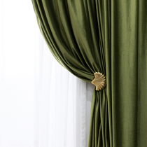 Velvet curtain solid color French American European Villa olive green dark green bedroom living room floor curtain