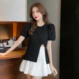 Черная дизайнерская футболка, юбка, комплект, тренд сезона, рукава фонарики, высокая талия