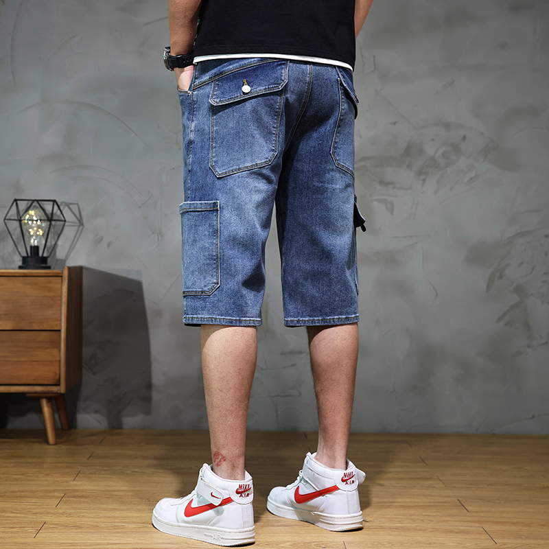 Summer Thin Cargo Denim Shorts for Men, Multi-Pocket 7/8 Pants, Loose Fit, Elastic Waist, Ripped Stretch Shorts Summer Thin Cargo Denim Shorts for Men, Multi-Pocket 7/8 Pants, Loose Fit, Elastic Waist, Ripped Stretch Shorts