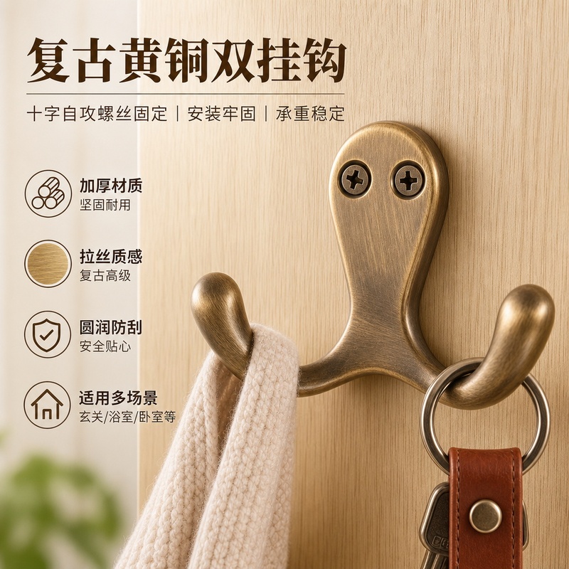 Pure Brass Hooks for Entryway, Fitting Room, Wardrobe, Shoe Cabinet, Clothes Hook, Bathroom Door, Wall, Hat Double Hook