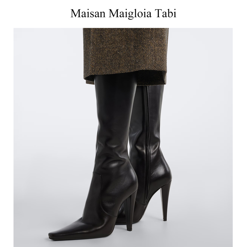Maisan Maigloia Tabi Soft Leather Calf Leather Long Boots High-Heeled Long Boots Pointed Square Toe Knee-High Boots