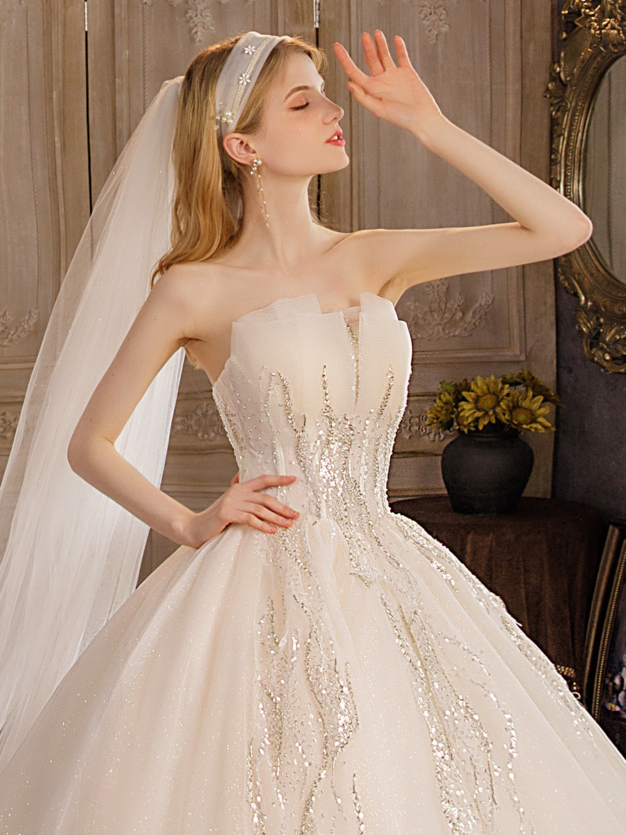 Breasted wedding dress 2021 new temperament bridal main yarn trailing high-end atmosphere lavish style light wedding dresses out of the house