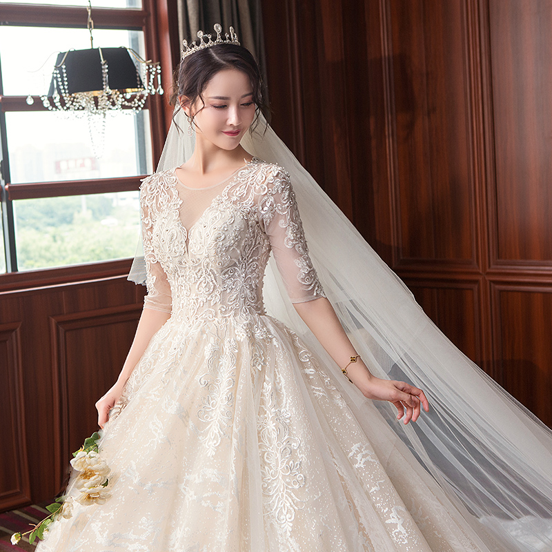 Starry main light wedding dress 2021 New Hepburn bride long sleeve luxury Grand size Yard Trailing Princess Mori