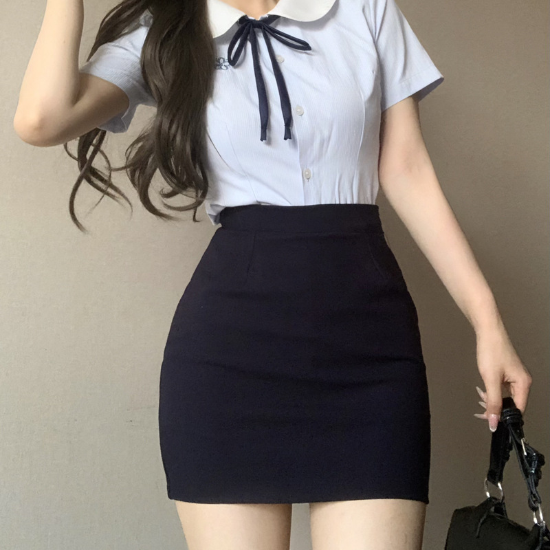 Little Bear Two LAOSHU 2025 New Style Bow Embroidery Jk Short-Sleeve Shirt and Pencil Skirt Uniform Set for Summer