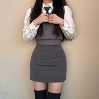 Однотонная юбка, жилет, рубашка, комплект, в корейском стиле, 3 предмета, с акцентом на бедрах