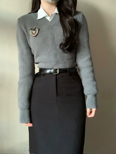 Демисезонная сверхдлинная длинная юбка, лонгслив, свитер, рубашка, комплект, с акцентом на бедрах, свободный прямой крой, А-силуэт, по фигуре