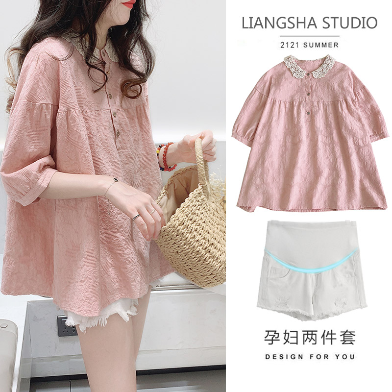 Maternity summer suit 2021 new coat summer shirt doll shirt summer thin shirt two-piece summer