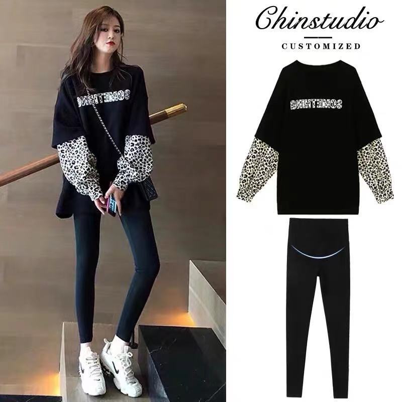 Pregnant women spring net red suit fashion 2021 new spring and autumn coat long sleeve T-shirt two-piece fashion