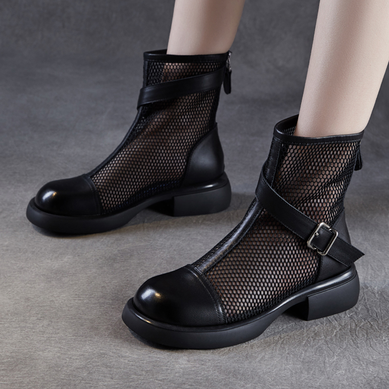 British Style Mesh Boots for Women 2026 Summer New Genuine Leather Slim Short Boots Breathable Mesh Belt Buckle Martin Boots Sandals