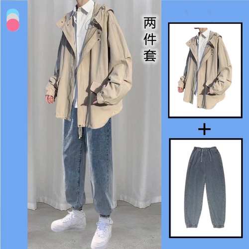 Мужская куртка, демисезонный комплект, брендовые трендовые джинсы, в корейском стиле