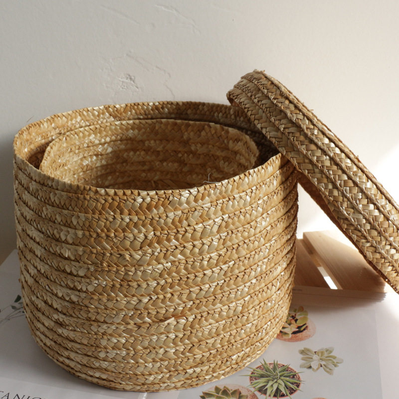 ins hand wheat straw straw woven containing basket cosmetics snacks storage box tabletop debris with lid round containing basket