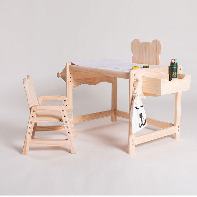 ins all solid wood children's painting study table independent study table and chair combination bear table and chair can lift the height table and chair