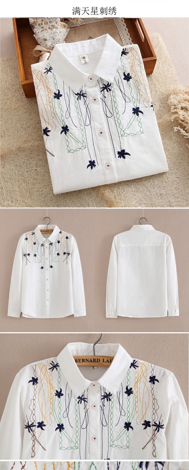 Áo sơ mi nữ cotton 2018 mùa thu mới phong cách Sen thêu áo sinh viên nhỏ màu trắng tươi mới chạm đáy áo áo sơ mi nữ kiểu Hàn Quốc