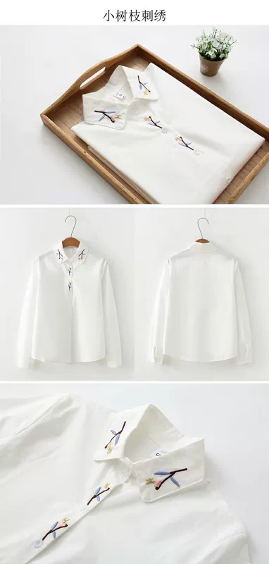 Áo cotton mùa thu dài tay nữ Nhật Bản nhỏ tươi thêu áo trắng hoang dã áo sơ mi nữ sinh lửng