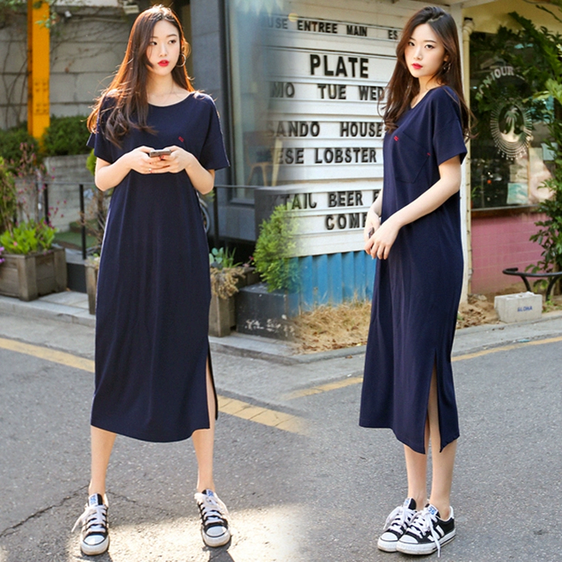 Mùa hè mới mùa hè mới ngắn tay xẻ giữa chiều dài váy cotton rộng rãi kích thước lớn của phụ nữ váy dài đi biển - Váy dài
