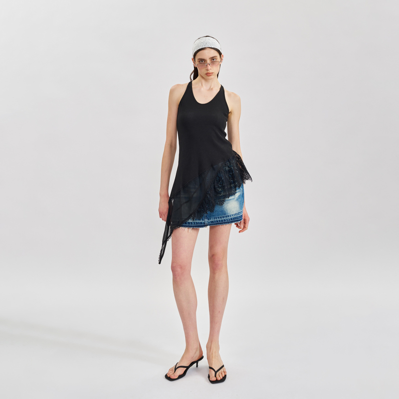 Pmw Irregular Lace Patchwork Sleeveless Vest for Women, Summer Design, Trendy Mid-Length Black Halter Top Pmw Irregular Lace Patchwork Sleeveless Vest for Women, Summer Design, Trendy Mid-Length Black Halter Top