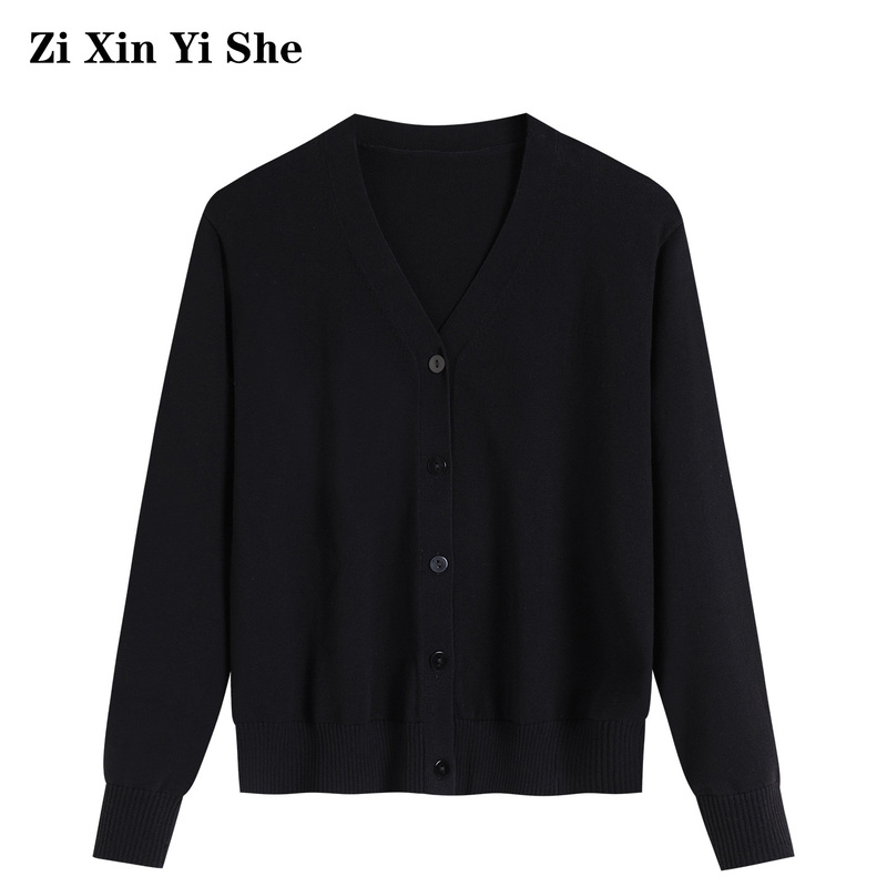 100% Pure Cotton Simple Commuter V-Neck Knitted Cardigan for Women, Spring and Autumn Thin Long-Sleeve Loose Versatile Sweater Outerwear 100% Pure Cotton Simple Commuter V-Neck Knitted Cardigan for Women, Spring and Autumn Thin Long-Sleeve Loose Versatile Sweater Outerwear