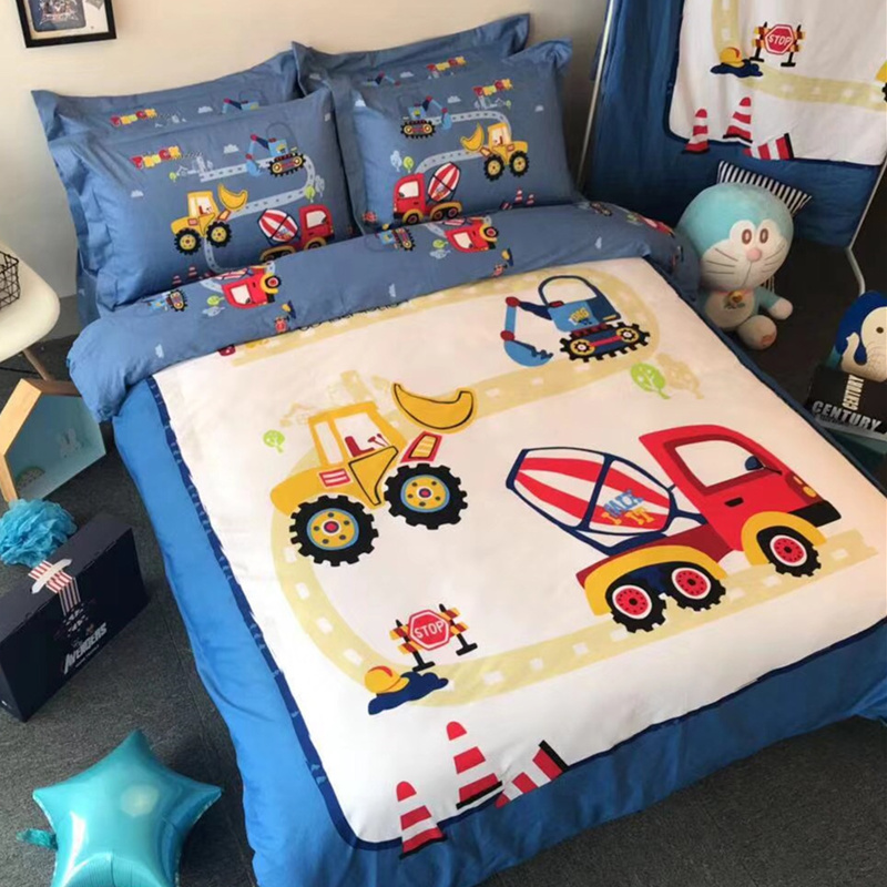 Total Cotton Cartoon Children Four Pieces Of Pure Cotton Boy Mill Fur Small Car Engineering Car Bed Linen Bed 1 2m Three sets