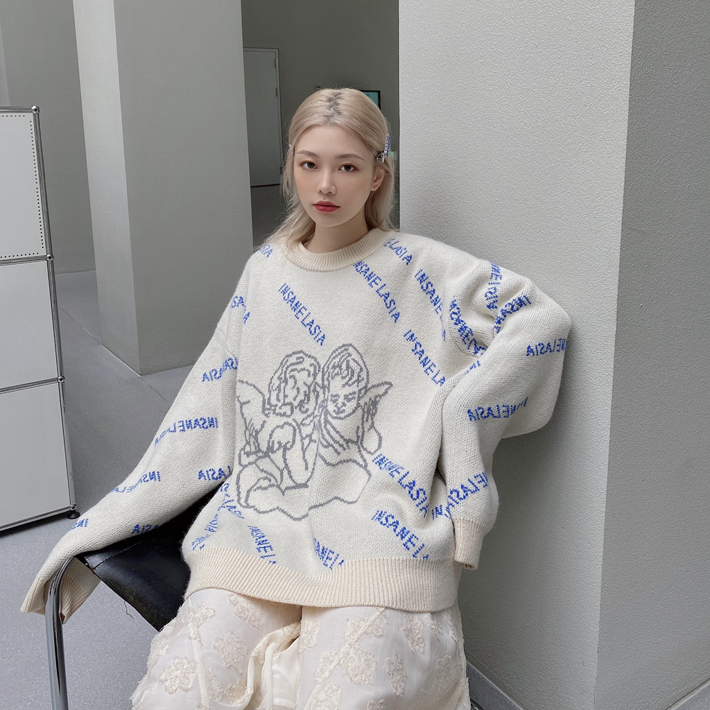 INSANE LASIA 20AW original angel printed sweater Retro lazy tide brand pullover men's and women's knitwear