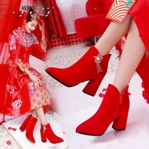 Wedding shoes women winter 2021 new high heel coarse heels winter bridal shoes red Middle heel Chinese style beauty wedding shoes