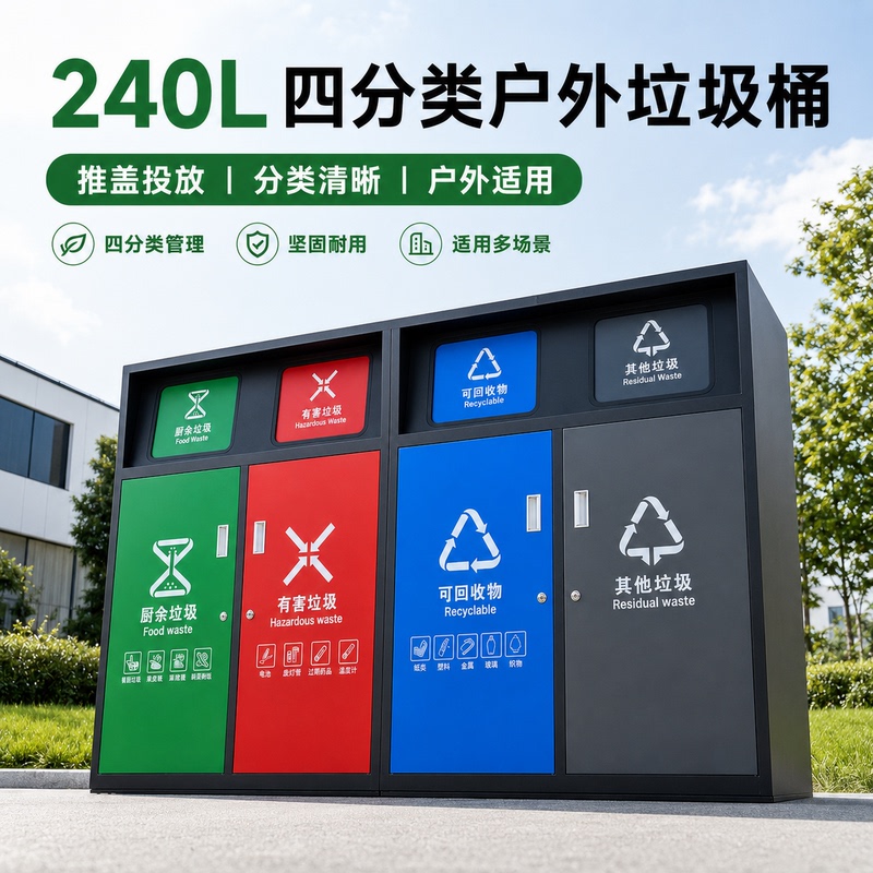 Outdoor Large 240L Four-Category Closed Trash Bin with Lid for Residential Property and Commercial Use, 120 Liters