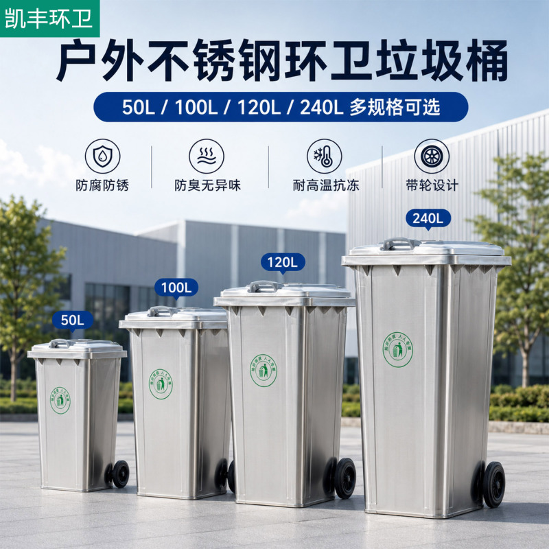 Outdoor Sanitation 240-Liter Stainless Steel 304 Trash Can, Large Commercial Trailer Classification, 120L Fire-Resistant Iron for Marine Use