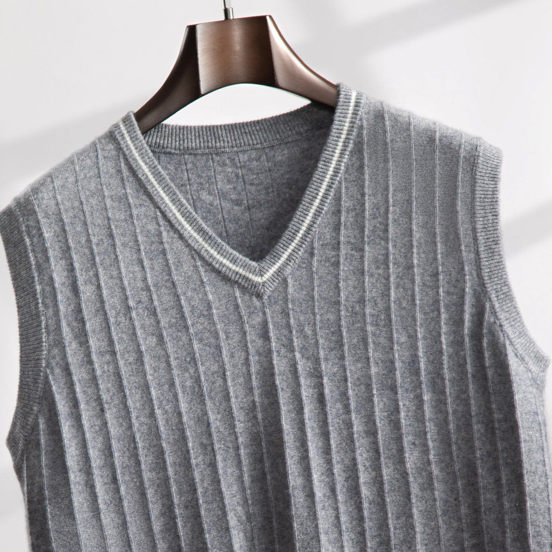 Knitted Cashmere Vest for Men, Business Casual Vertical Stripe Color-Blocking Loose Pullover Vest for Young and Middle-Aged Men