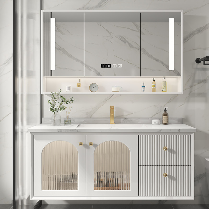 American light and luxurious bath cabinet Cupboard Rockboard Solid Wood Bath Cabinet Modern Glass Door Oak Smart Washbasin Combo