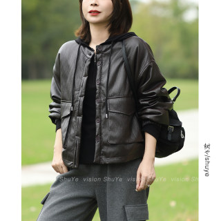 Shuye soft textured protein leather, cotton thickening, wind resistance and warmth, fashionable workwear pocket leather coat and cotton coat 2025