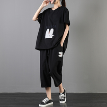  Shuya summer suit new female plus size loose slightly fat thin literary cartoon embroidery sports and leisure two-piece suit