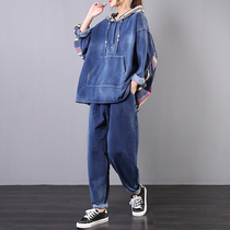  2021 spring and autumn new Korean loose plus size literary style denim two-piece female fat and thin fashion suit