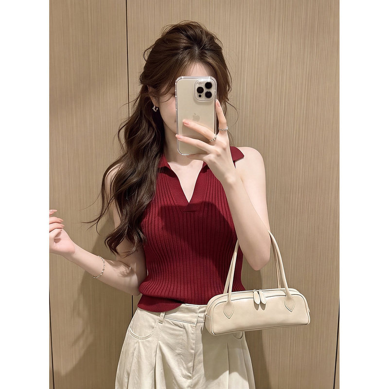 Burgundy Polo Collar Sleeveless Knit Vest for Women, Summer Spicy Girl Style, Slim-Fit Halter Top Burgundy Polo Collar Sleeveless Knit Vest for Women, Summer Spicy Girl Style, Slim-Fit Halter Top