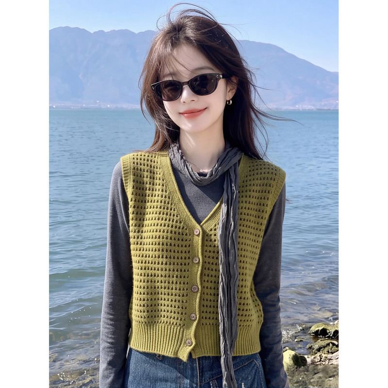 Hollow-Out Knit Sweater for Women, Autumn Korean Style, Short Layered Ribbed Hem Sleeveless Outerwear, Travel Vest Top