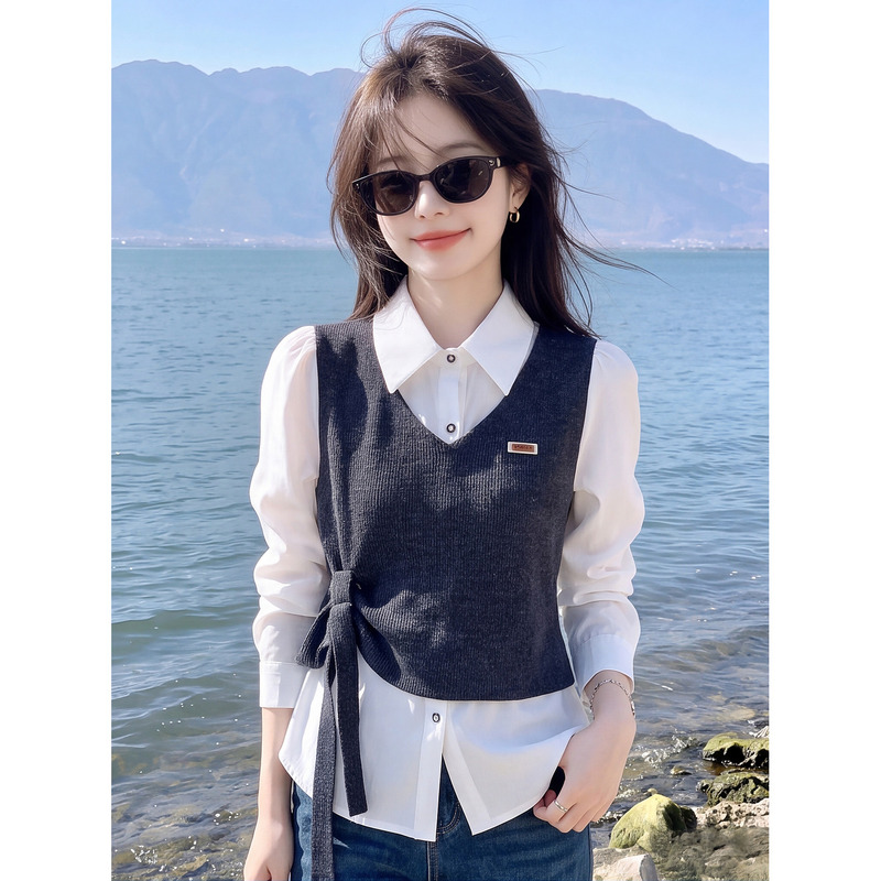 Spliced Lapel Long-Sleeved Shirt for Women, Autumn Korean Style, Loose Fit, Fake Two-Piece, Tie-Up Layered Design Top