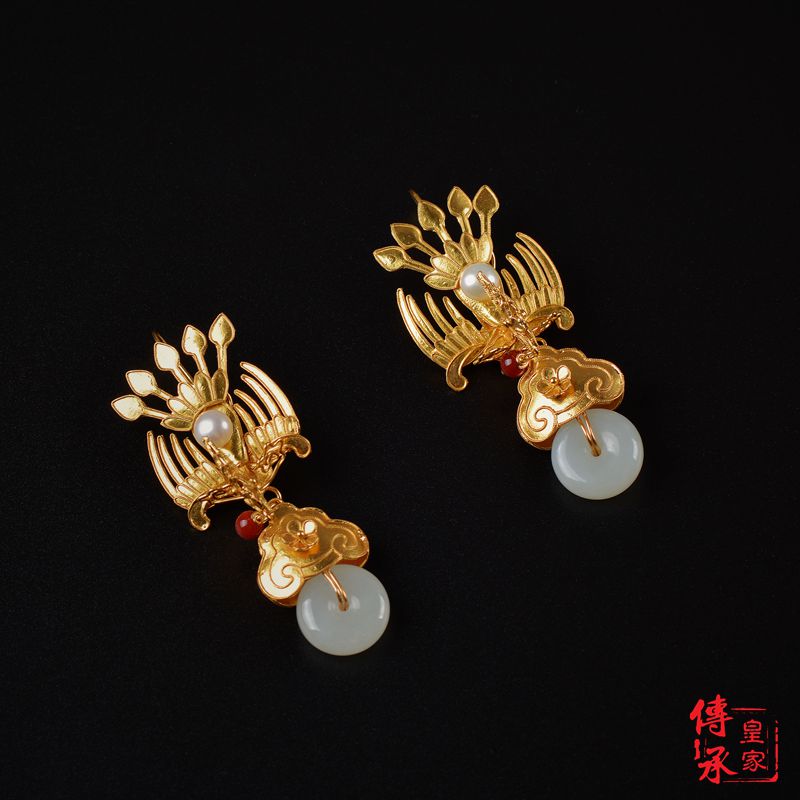 Royal Lineage Giqing Phoenix Shaped Ear Decoration Mosaic and Tian jade Pearl Hanfu Ear Pendant Ancient Wind Accessories matching