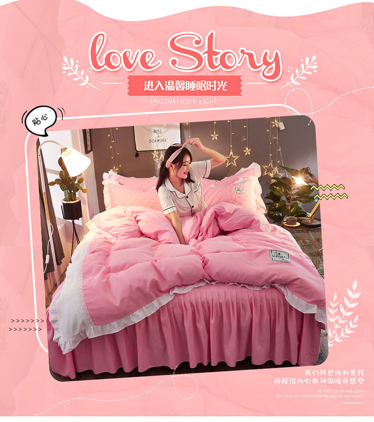 Phiên bản tiếng Hàn của chất liệu ren mềm mại có đệm lót đệm giường ngủ bốn mảnh cộng với váy cotton ga trải giường nệm đặt ấm áp chăn gối