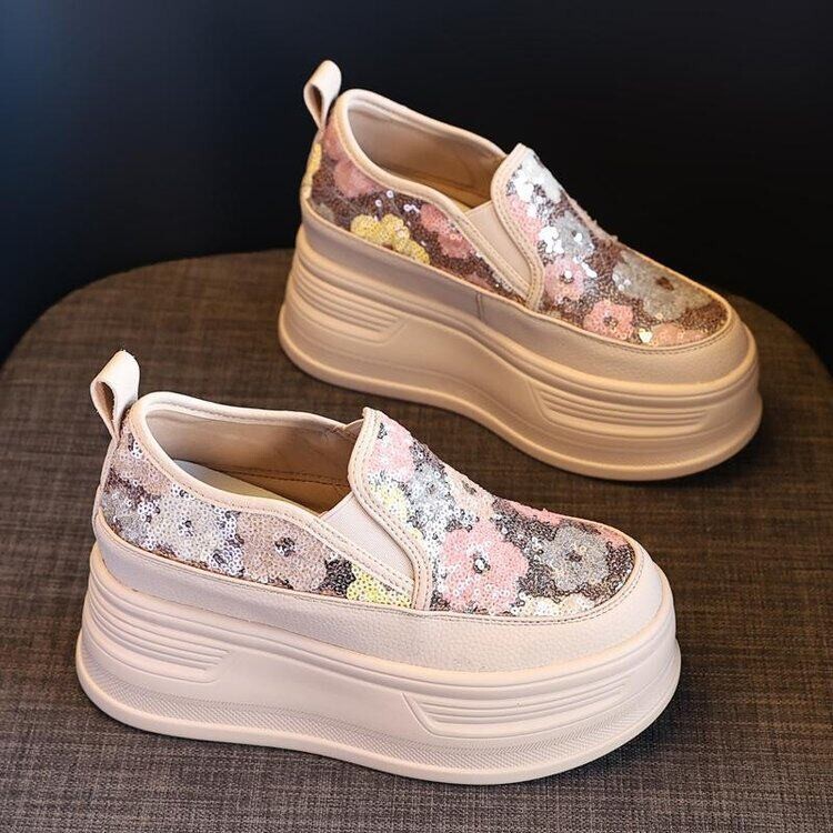 Women's Spring and Summer Versatile Breathable Slip-On Loafers with Hidden Height Increase, Sequins, Mesh Fabric, and Platform Wedge Heels in a College Style