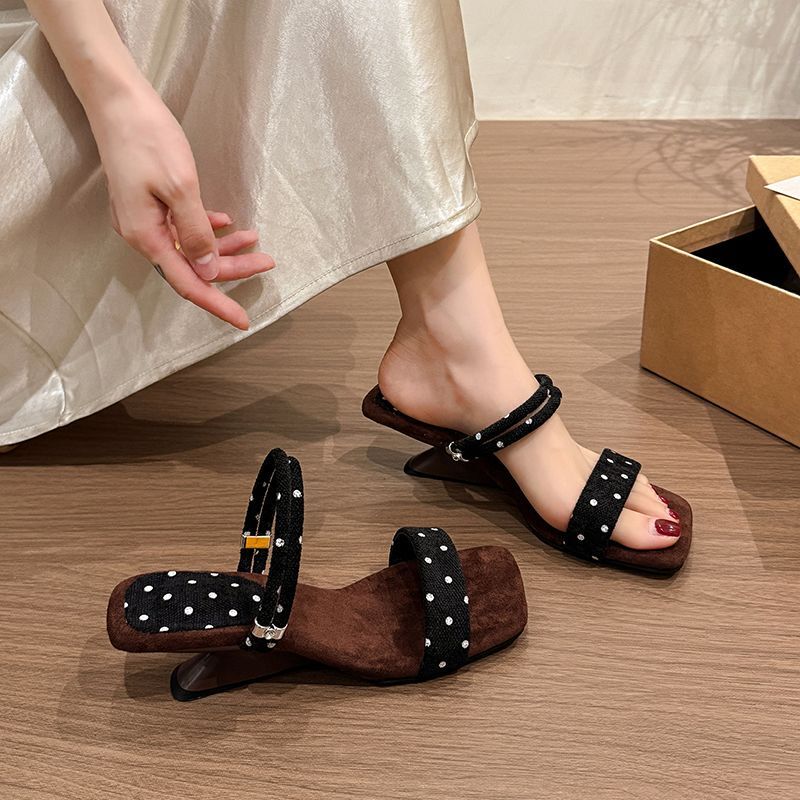 French-Style Polka-Dot Wedge Sandals for Women, Summer Open-Toe Two-Way Wear with Skirts, High-Heeled Square-Toe Fashion Sandals