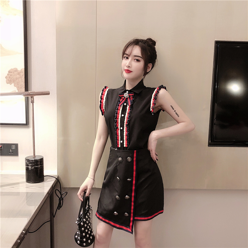 VK旗艦店 韓系名媛木耳邊蝴蝶結撞色套裝無袖裙裝