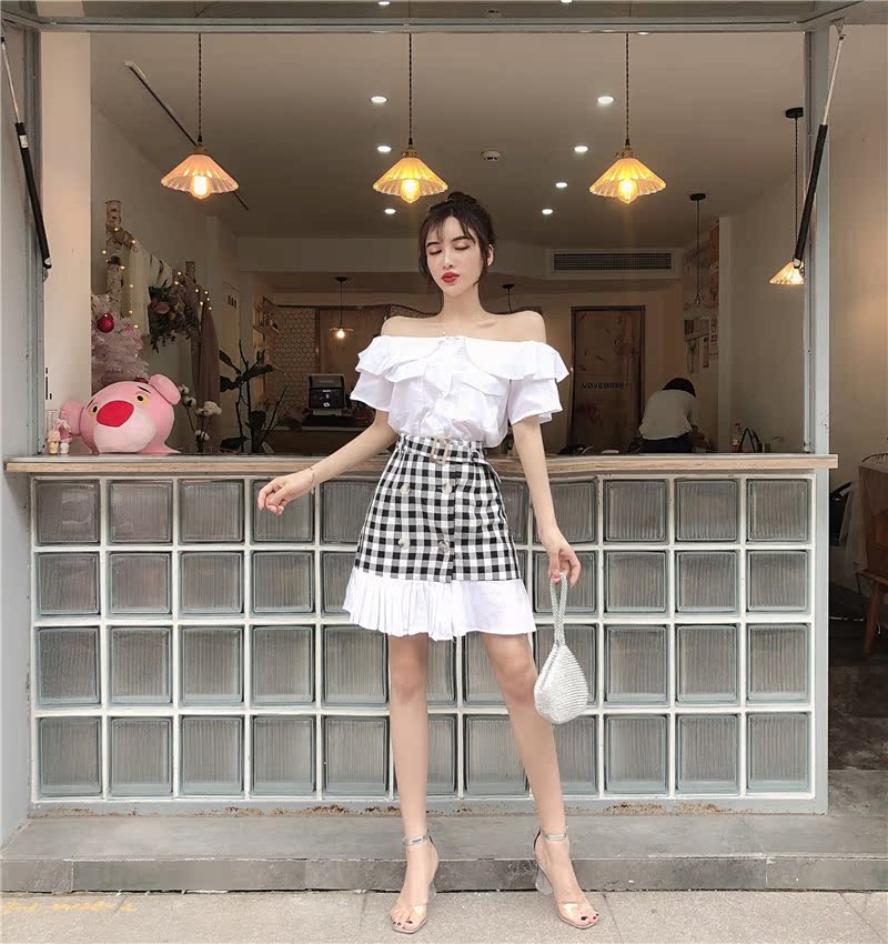 VK旗艦店 韓系一字領荷葉邊雙排扣套裝短袖裙裝