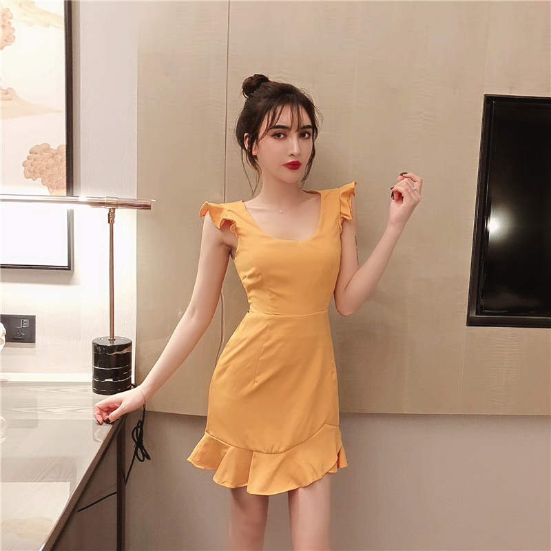 VK旗艦店 韓系木耳邊美背鏤空荷葉邊無袖洋裝